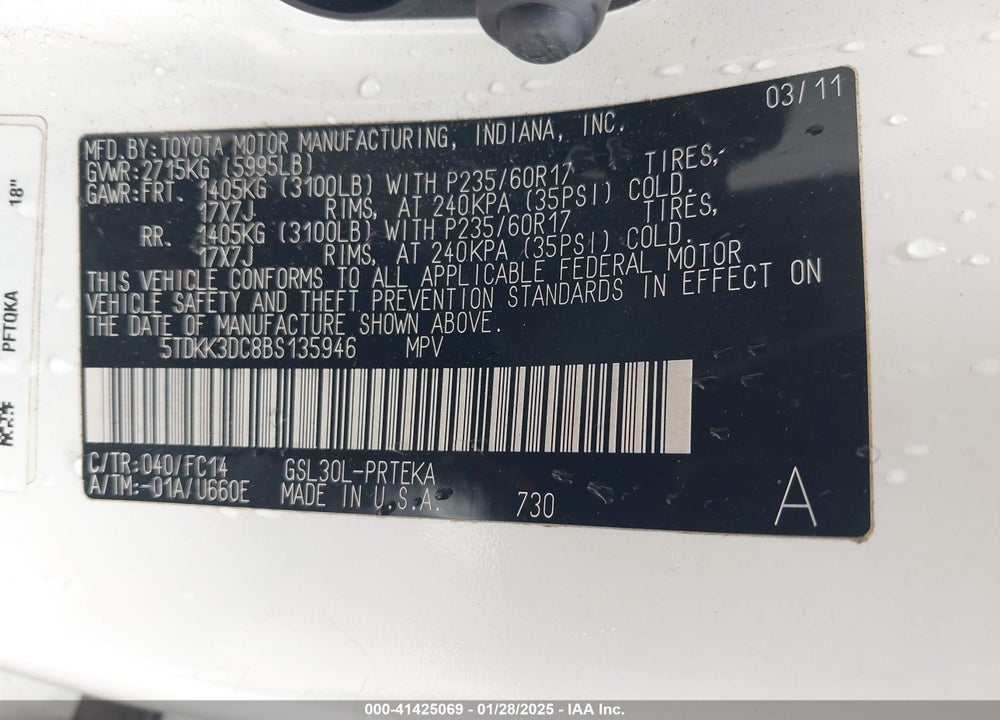 2011 TOYOTA SIENNA LE V6 VIN: 5TDKK3DC8BS135946