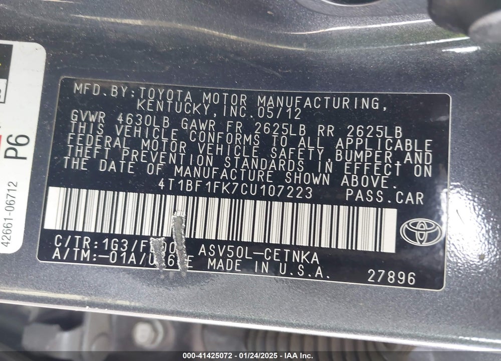 2012 TOYOTA CAMRY LE VIN: 4T1BF1FK7CU107223