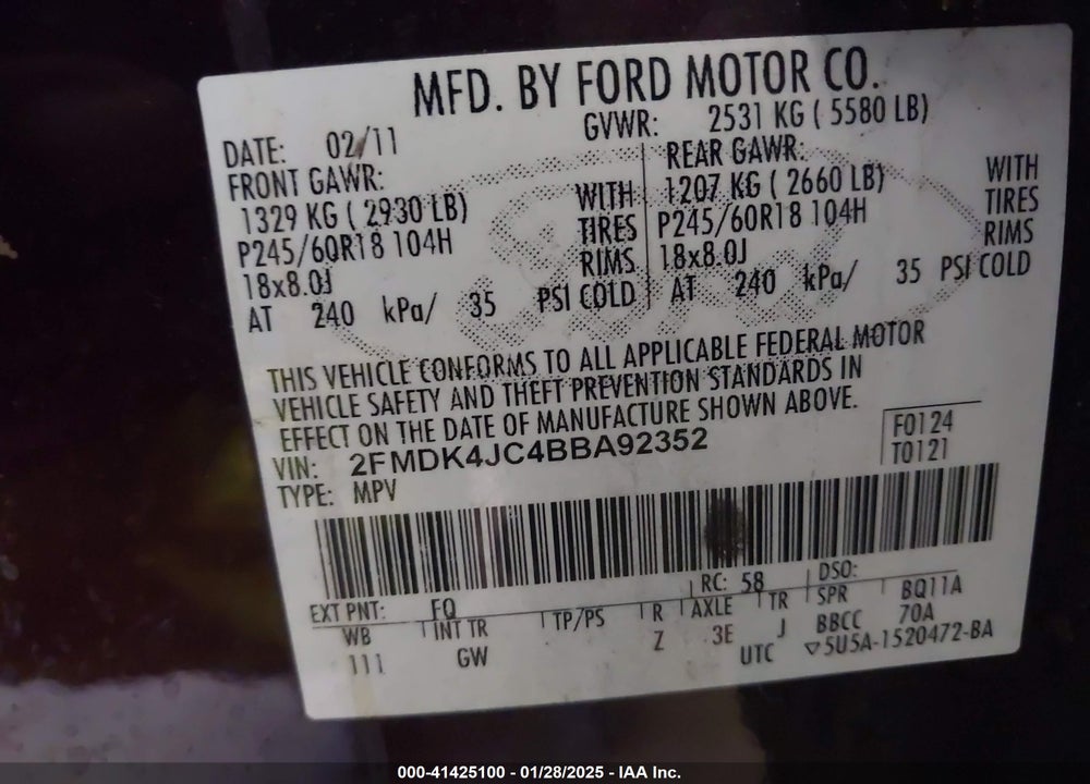 2011 FORD EDGE SEL VIN: 2FMDK4JC4BBA92352