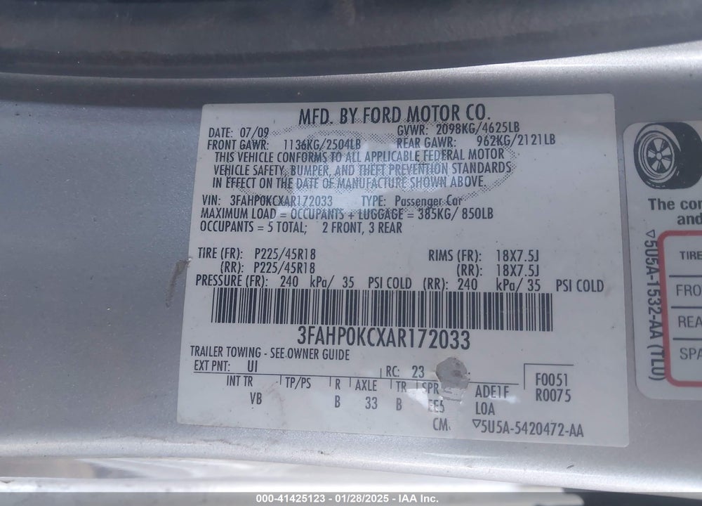2010 FORD FUSION VIN: 3FAHP0KCXAR172033