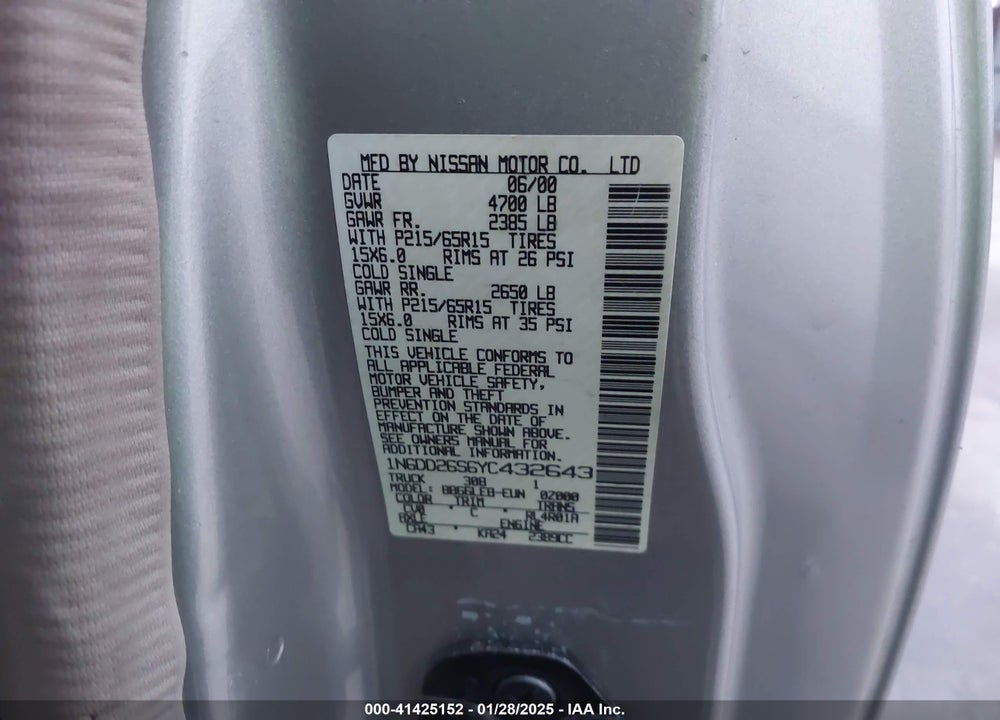 2000 NISSAN FRONTIER VIN: 1N6DD26S6YC432643