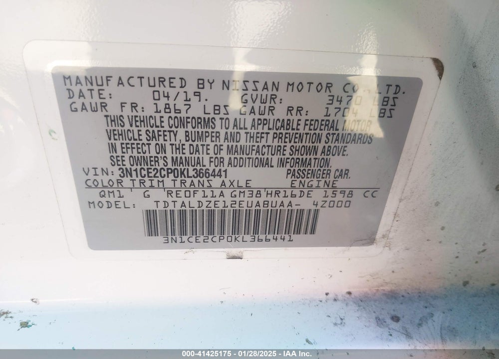 2019 NISSAN VERSA NOTE VIN: 3N1CE2CP0KL366441