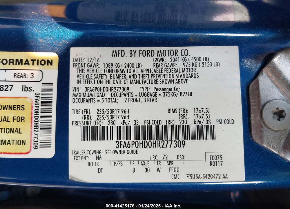 2017 FORD FUSION VIN: 3FA6P0HD0HR277309