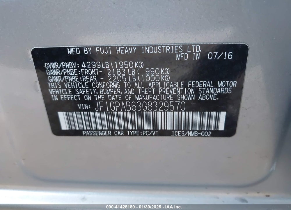 2016 SUBARU IMPREZA VIN: JF1GPAB63G8329570