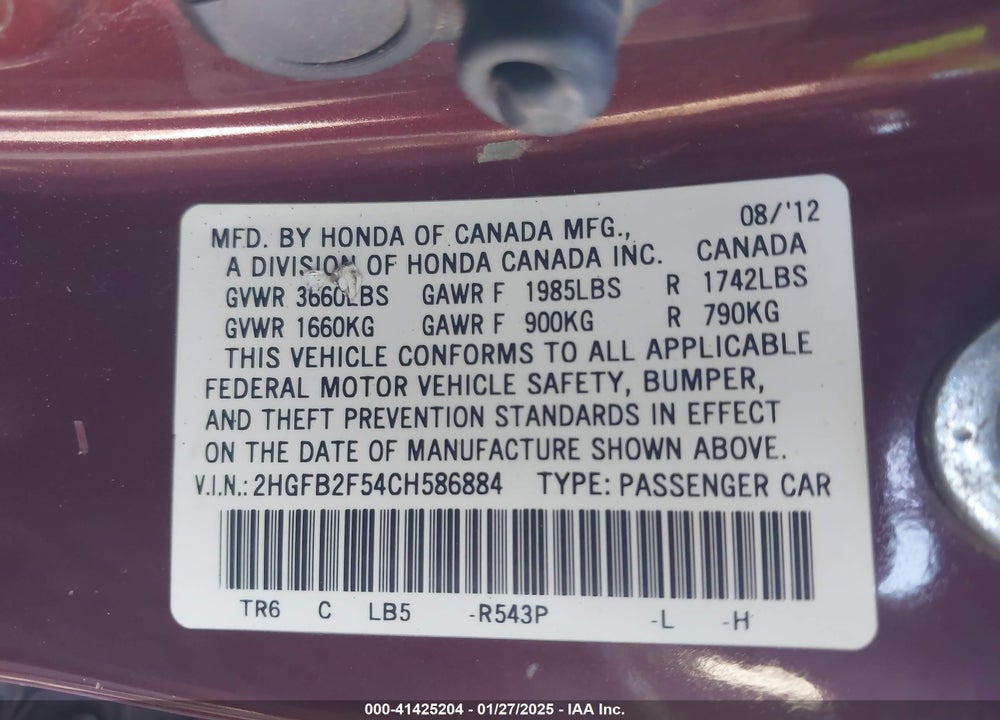 2012 HONDA CIVIC VIN: 2HGFB2F54CH586884