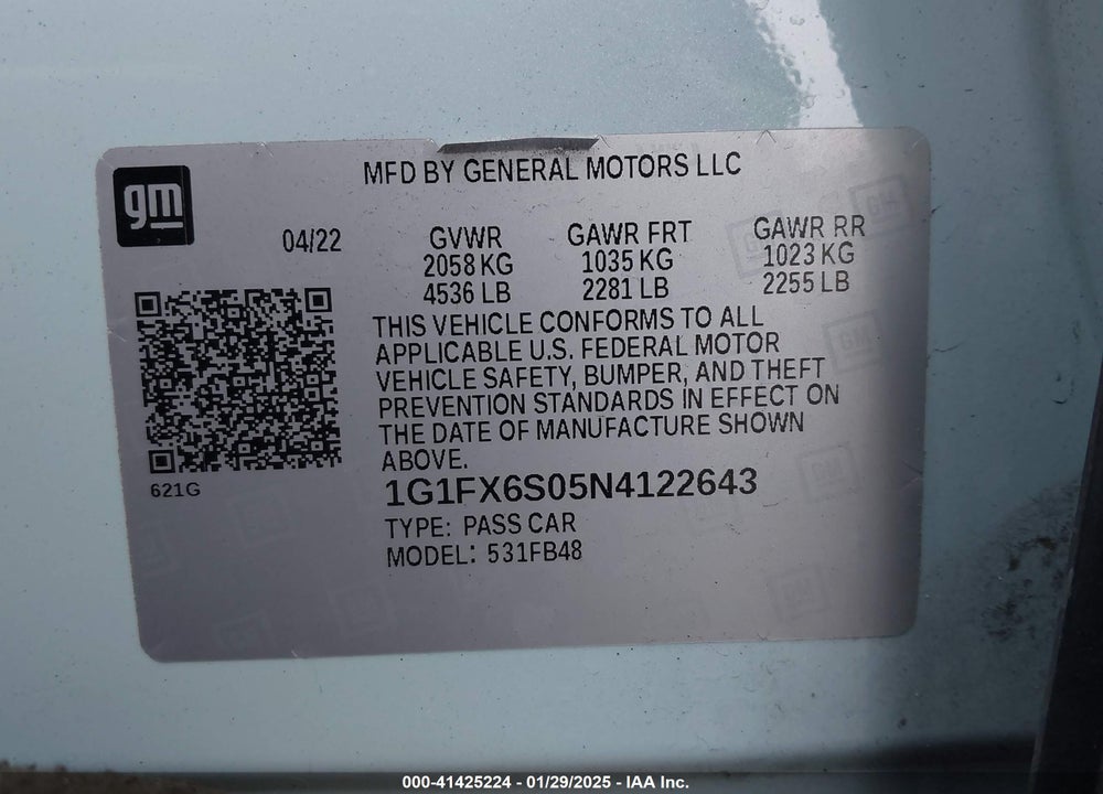 2022 CHEV BOLT EV LT2 VIN: 1G1FX6S05N4122643