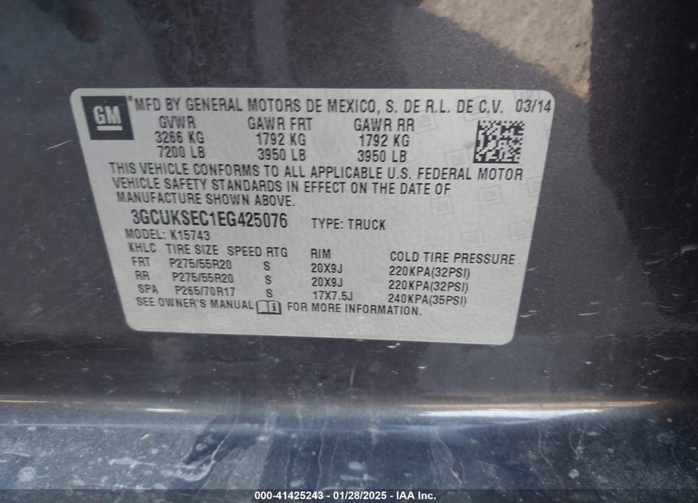 2014 CHEVROLET SILVERADO 1500 VIN: 3GCUKSEC1EG425076