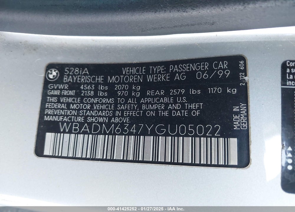 2000 BMW 528IA VIN: WBADM6347YGU05022