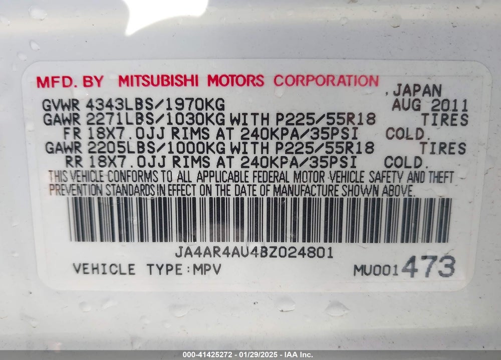 2011 MITSUBISHI OUTLANDER SPORT VIN: JA4AR4AU4BZ024801