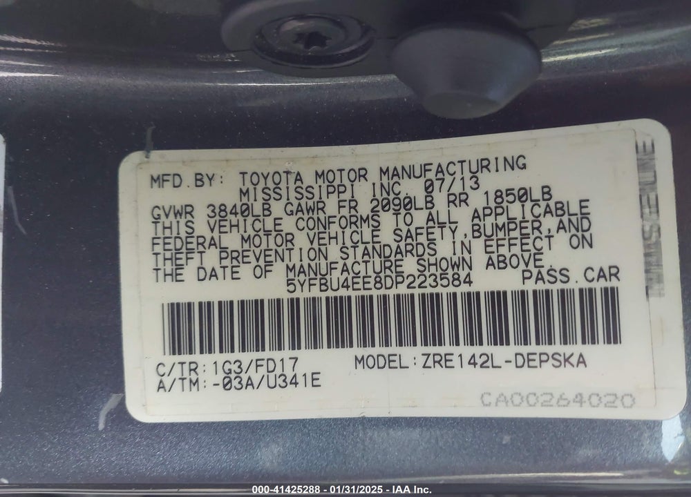 2013 TOYOTA COROLLA VIN: 5YFBU4EE8DP223584