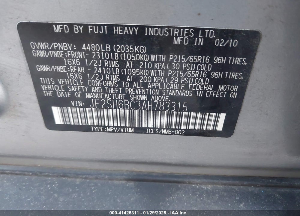 2010 SUBARU FORESTER 2.5X VIN: JF2SH6BC3AH783315