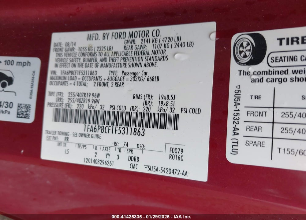 2015 FORD MUSTANG VIN: 1FA6P8CF1F5311863