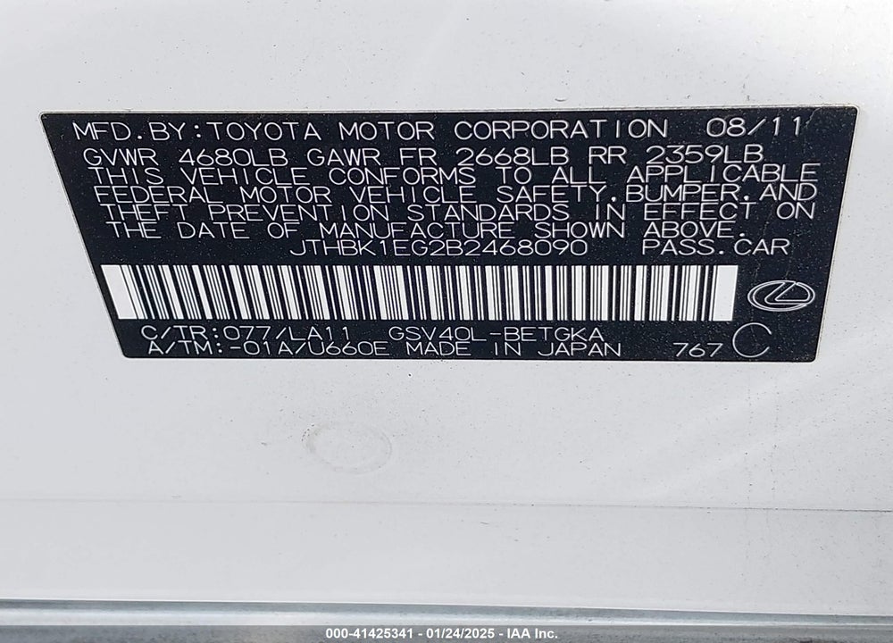 2011 LEXUS ES 350 VIN: JTHBK1EG2B2468090