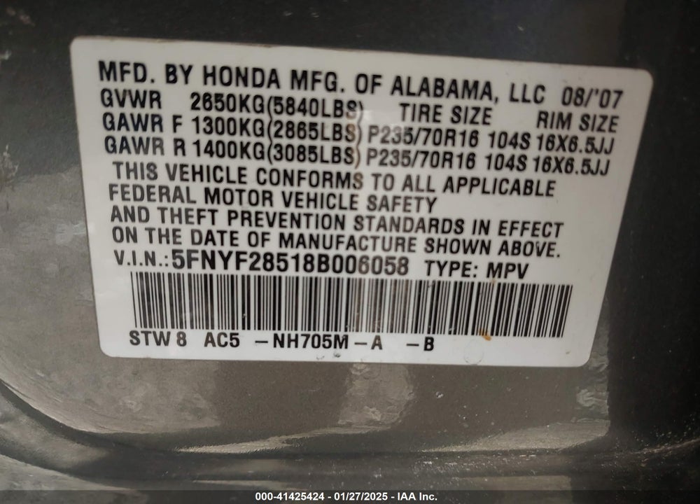 2008 HONDA PILOT EX-L VIN: 5FNYF28518B006058