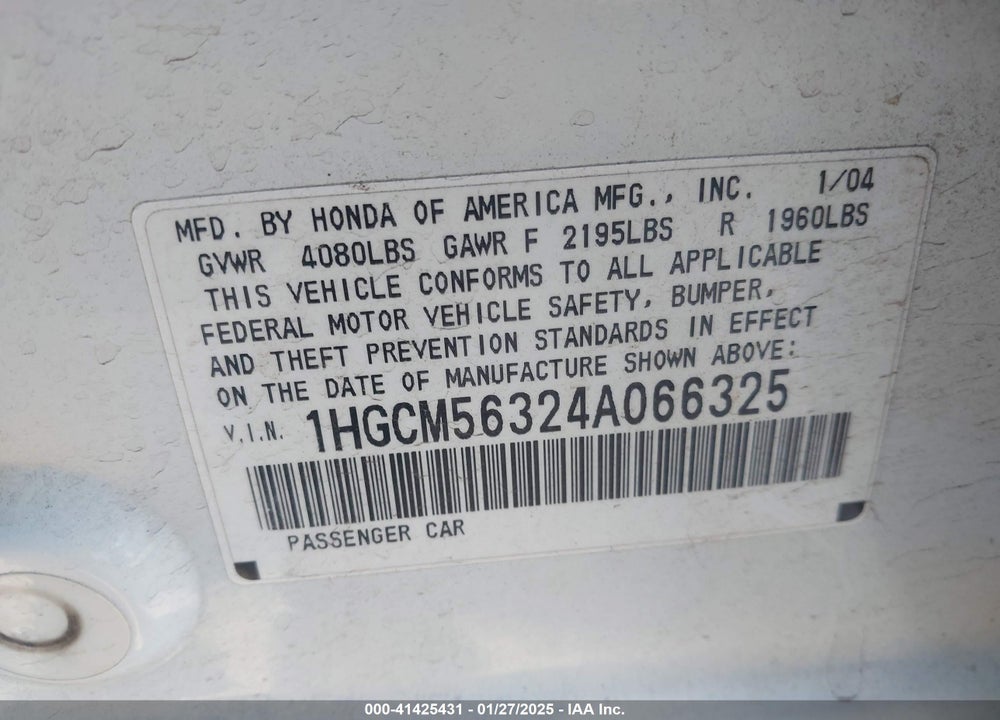 2004 HONDA ACCORD VIN: 1HGCM56324A066325