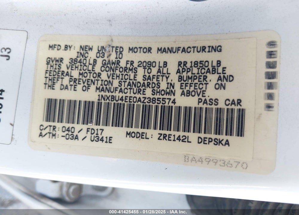 2010 TOYOTA COROLLA VIN: 1NXBU4EE0AZ385574