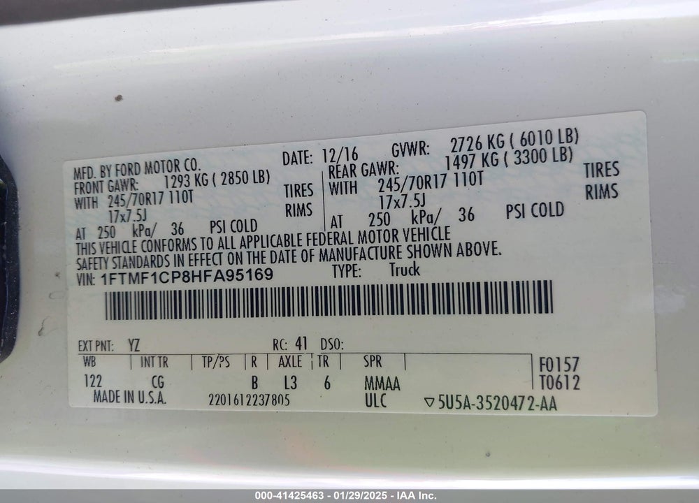 2017 FORD F-150 VIN: 1FTMF1CP8HFA95169