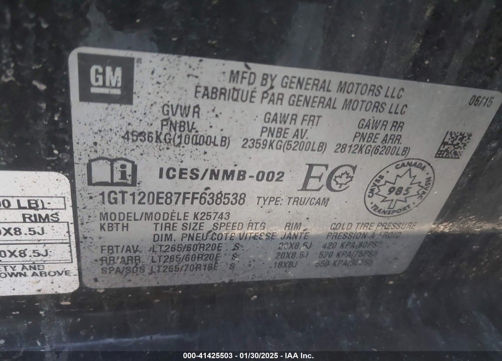 2015 GMC SIERRA 2500HD VIN: 1GT120E87FF638538