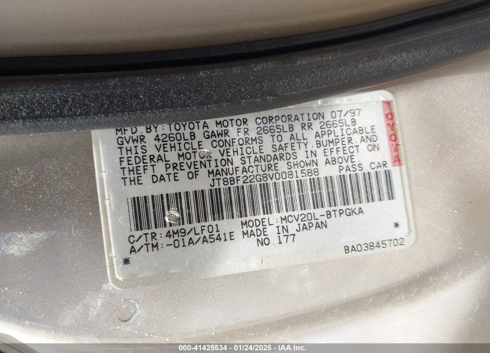 1997 LEXUS ES 300 VIN: JT8BF22G8V0081588