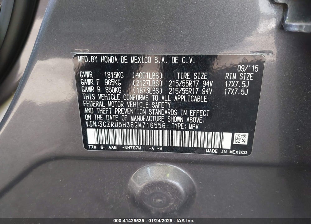2016 HONDA HR-V LX VIN: 3CZRU5H38GM716556