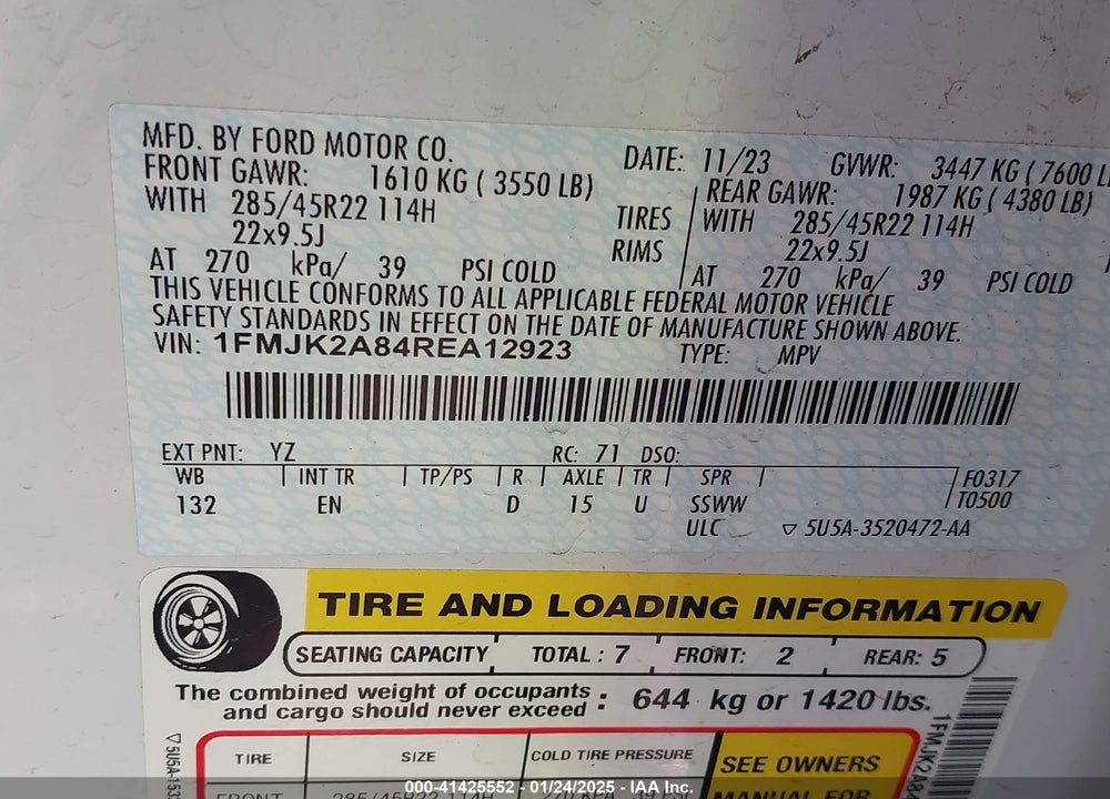 2024 FORD EXPEDITION LIMITED MAX VIN: 1FMJK2A84REA12923