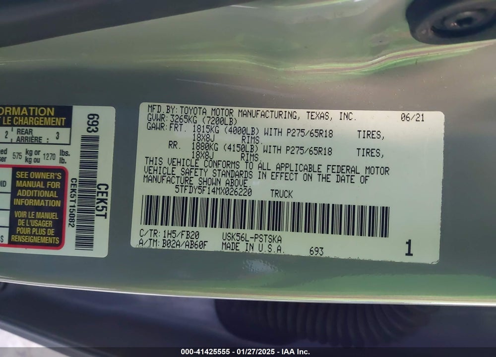 2021 TOYOTA TUNDRA VIN: 5TFDY5F14MX026220