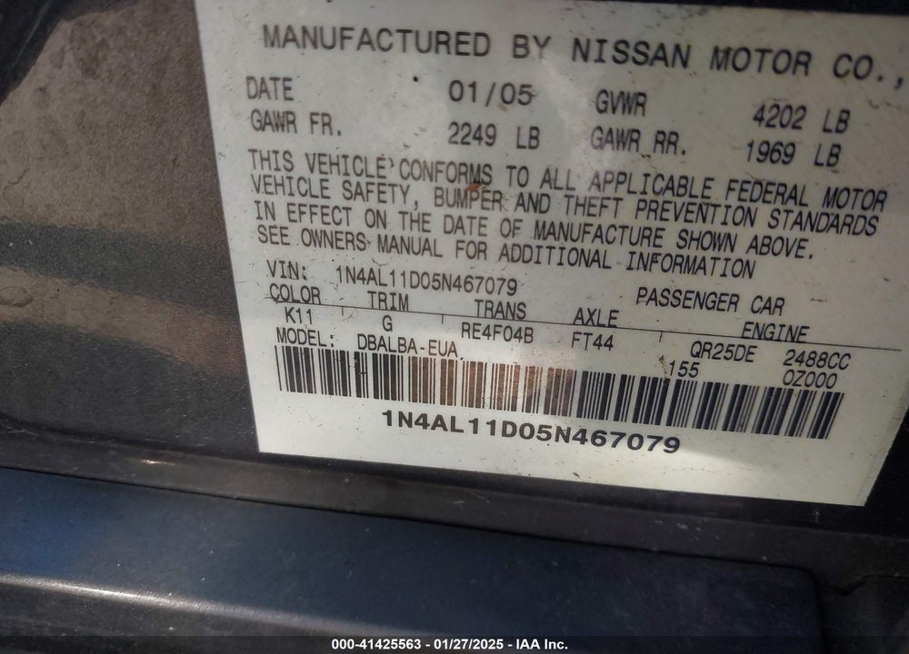 2005 NISSAN ALTIMA VIN: 1N4AL11D05N467079