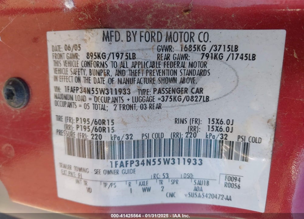 2005 FORD FOCUS ZX4 VIN: 1FAFP34N55W311933