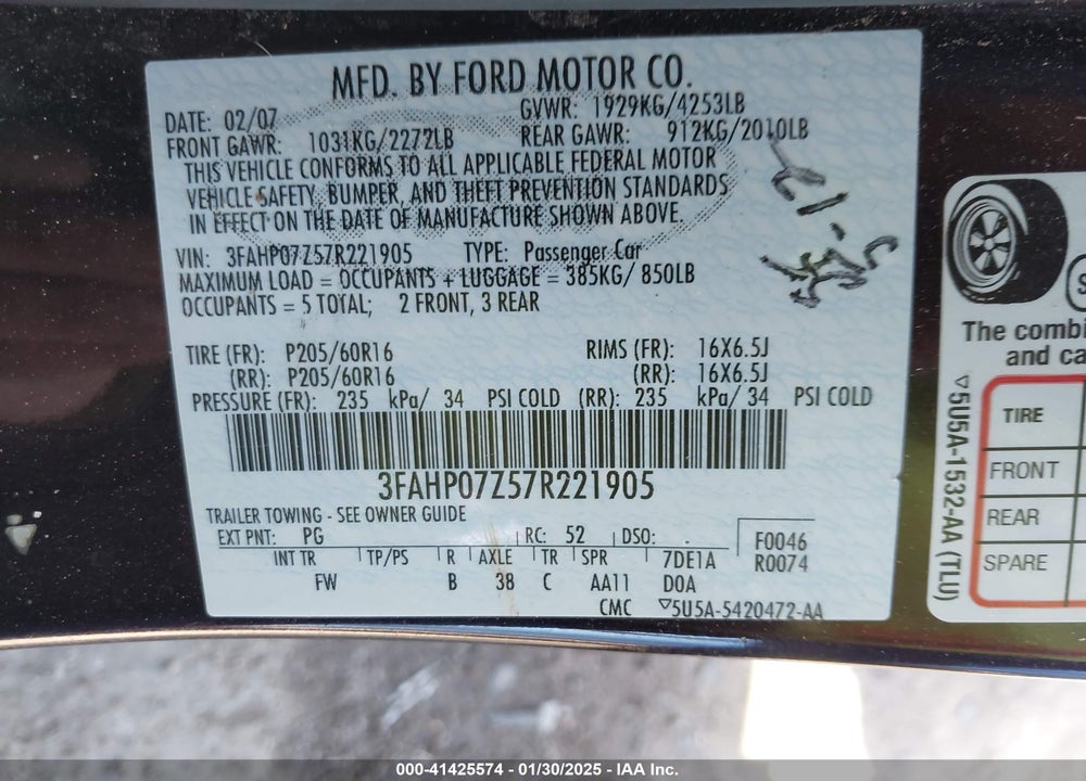 2007 FORD FUSION SE VIN: 3FAHP07Z57R221905