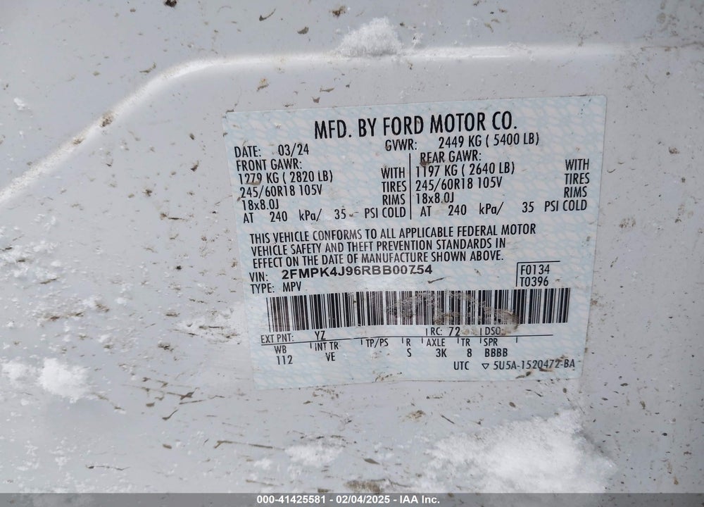 2024 FORD EDGE SEL VIN: 2FMPK4J96RBB00754