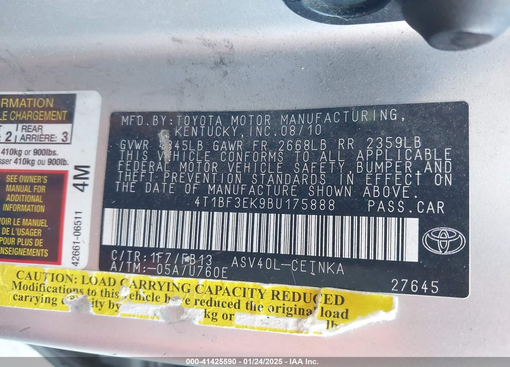 2011 TOYOTA CAMRY VIN: 4T1BF3EK9BU175888