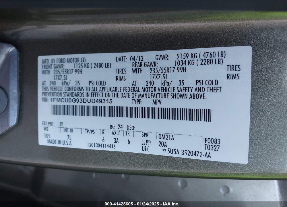 2013 FORD ESCAPE SE VIN: 1FMCU0G93DUD49315