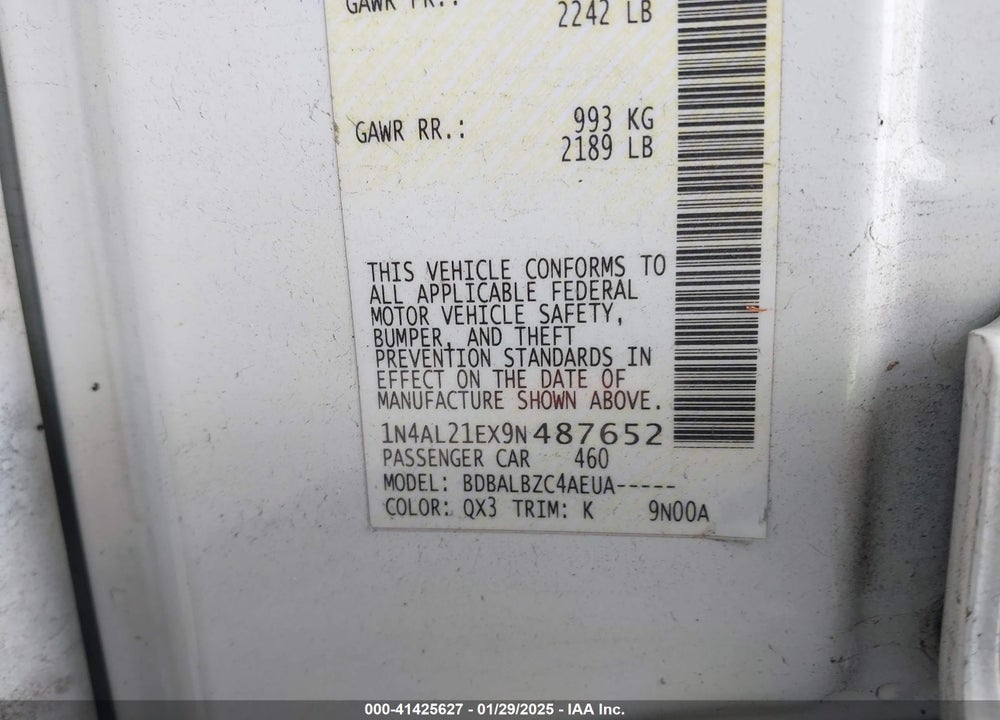 2009 NISSAN ALTIMA VIN: 1N4AL21EX9N487652