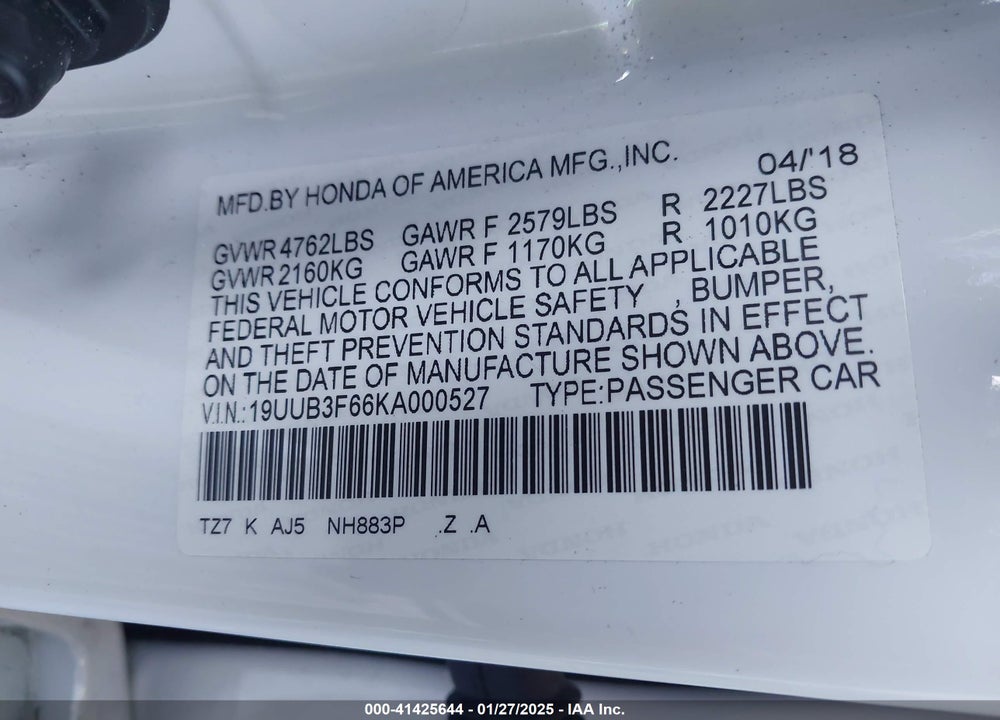 2019 ACURA TLX VIN: 19UUB3F66KA000527