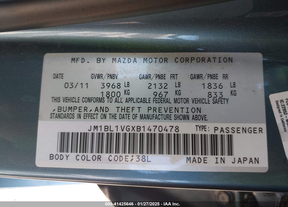 2011 MAZDA MAZDA3 VIN: JM1BL1VGXB1470478