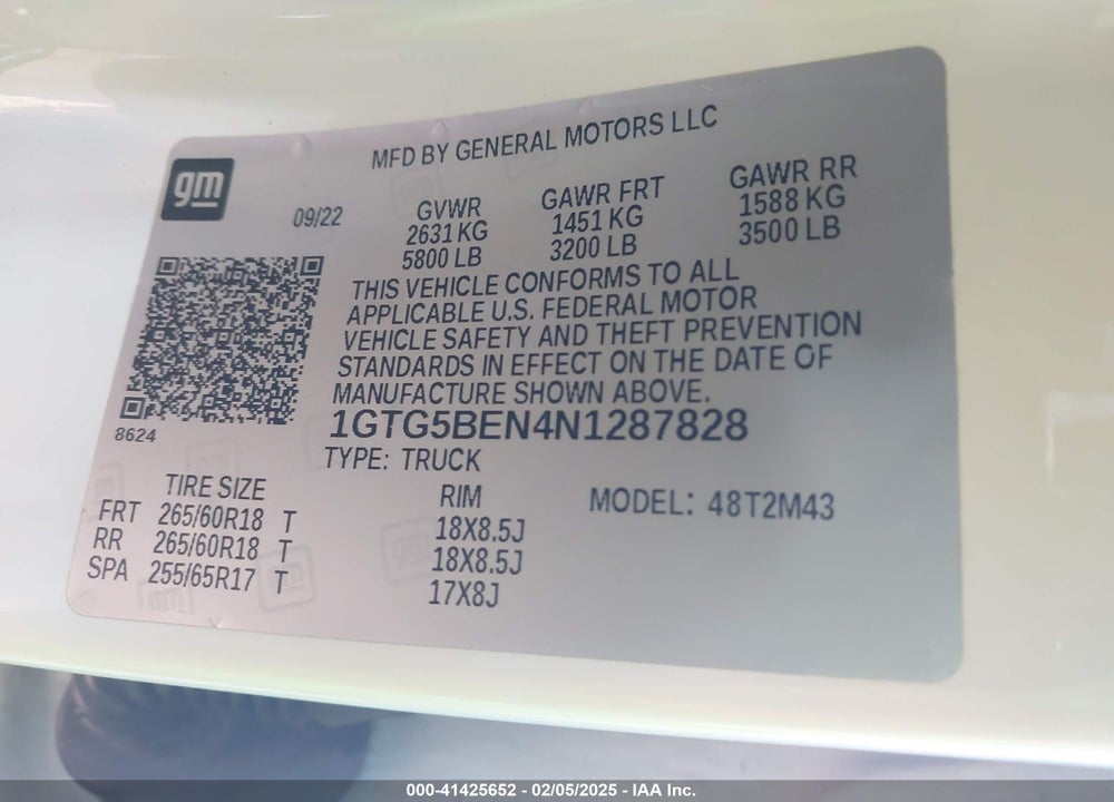 2022 GMC CANYON VIN: 1GTG5BEN4N1287828