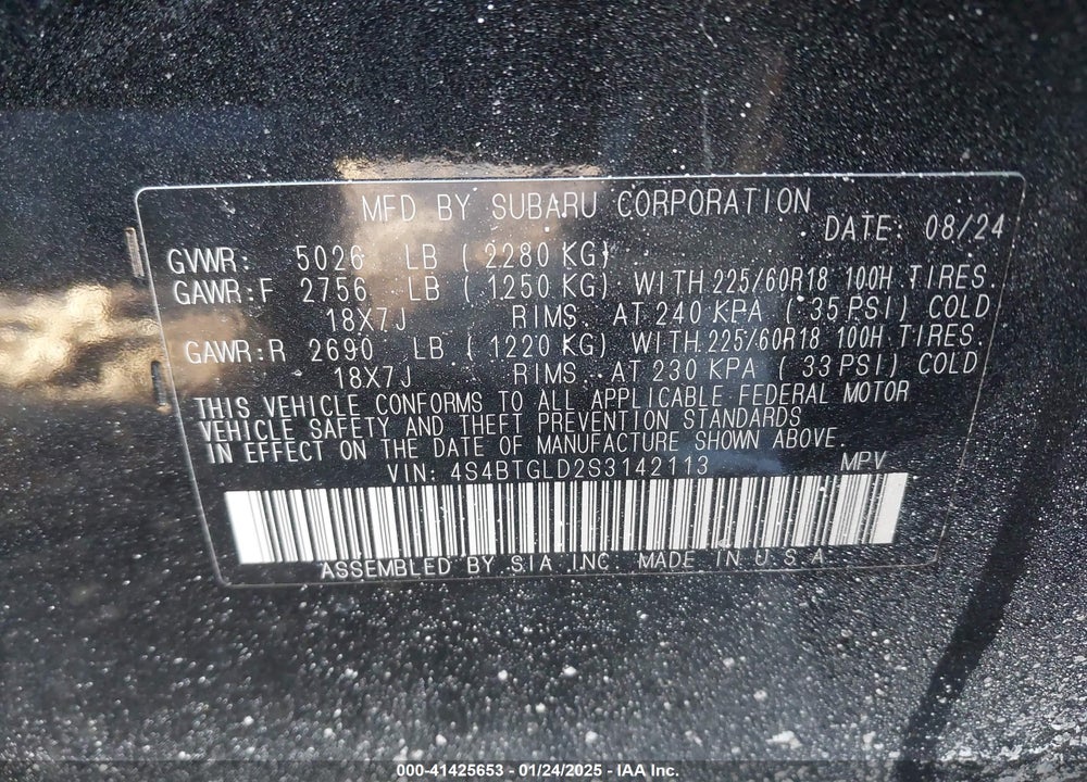 2025 SUBARU OUTBACK ONYX EDITION XT VIN: 4S4BTGLD2S3142113
