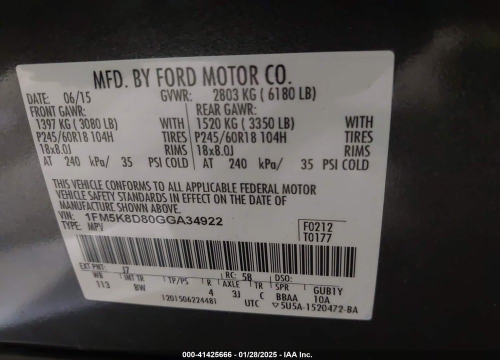 2016 FORD EXPLORER XLT VIN: 1FM5K8D80GGA34922