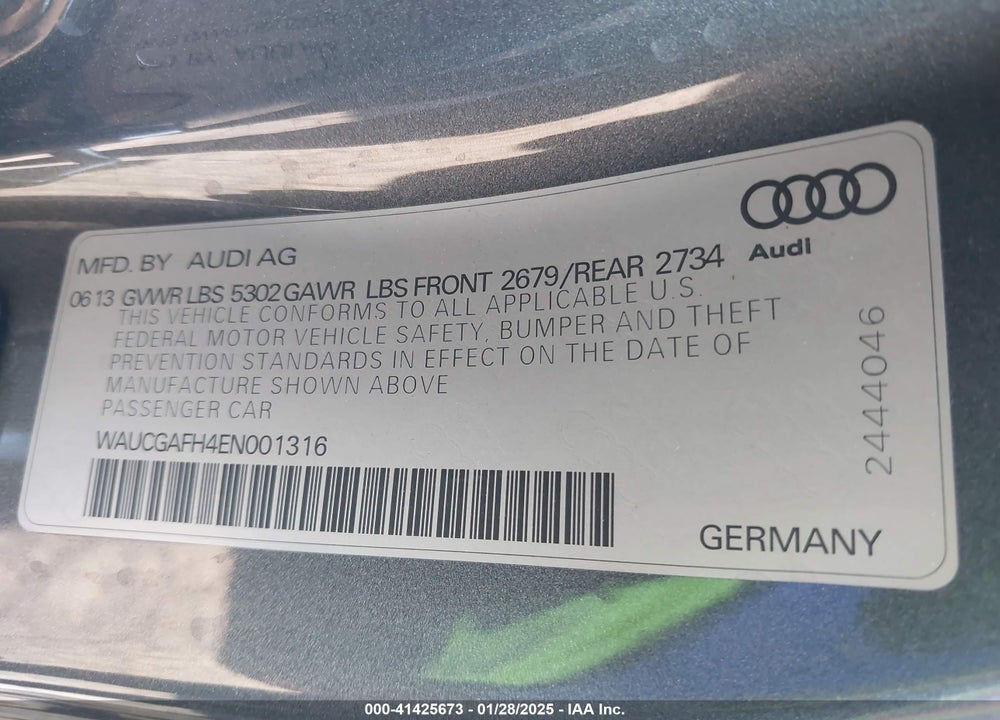 2014 AUDI S5 VIN: WAUCGAFH4EN001316