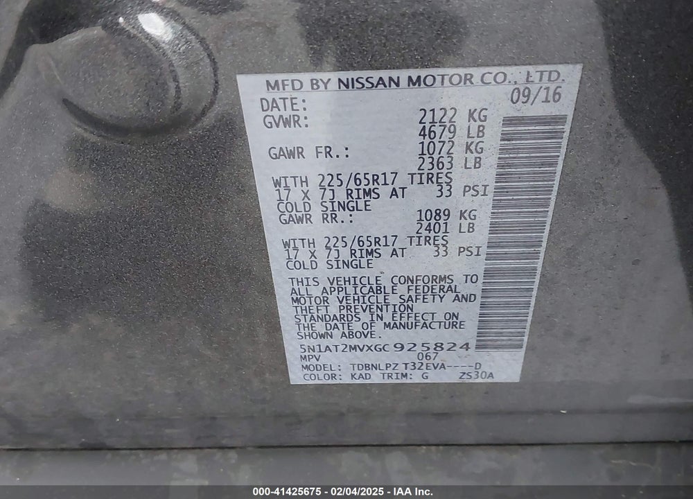 2016 NISSAN ROGUE VIN: 5N1AT2MVXGC925824