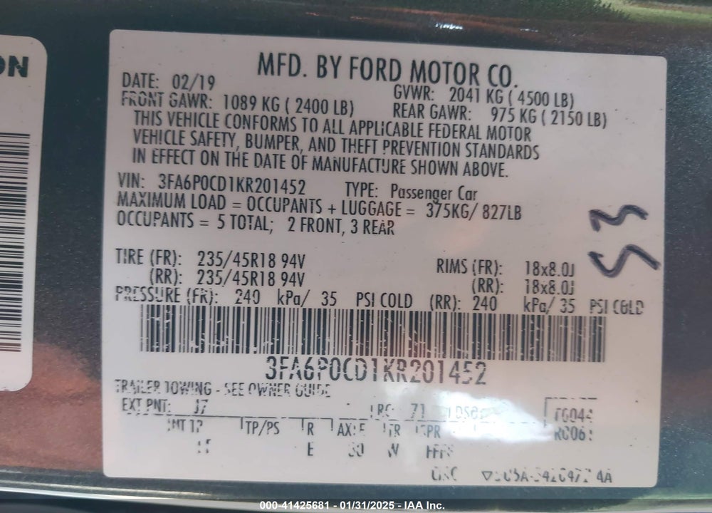 2019 FORD FUSION SEL VIN: 3FA6P0CD1KR201452