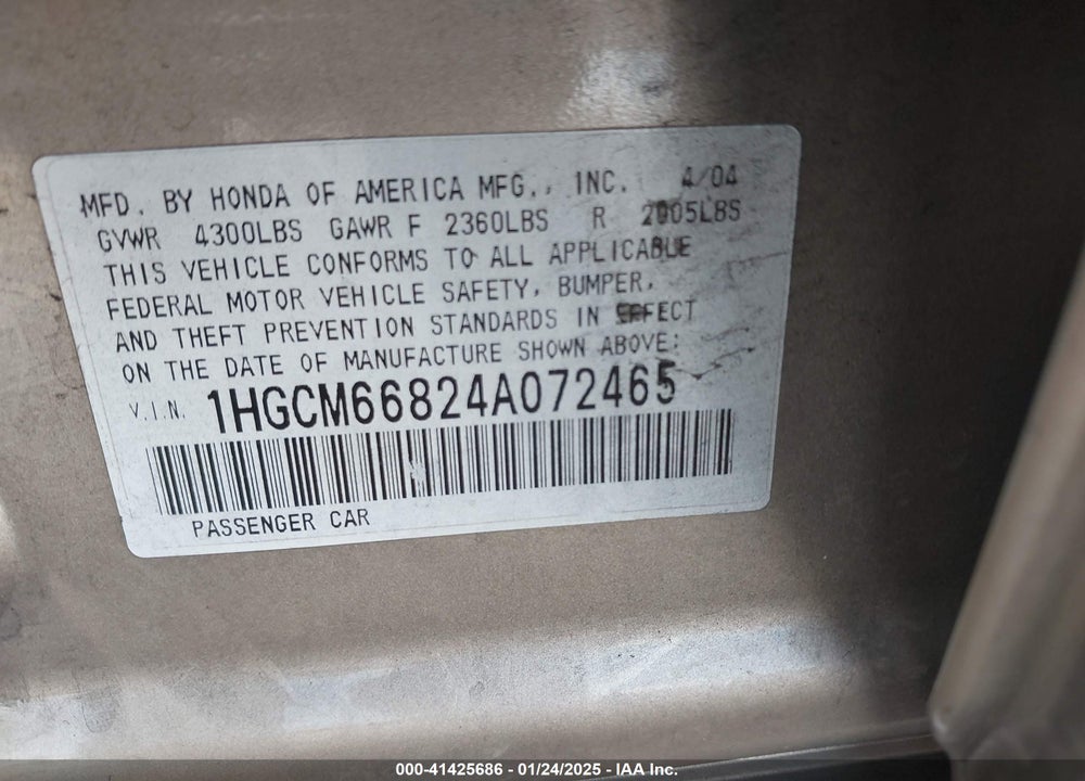 2004 HONDA ACCORD 3.0 EX VIN: 1HGCM66824A072465