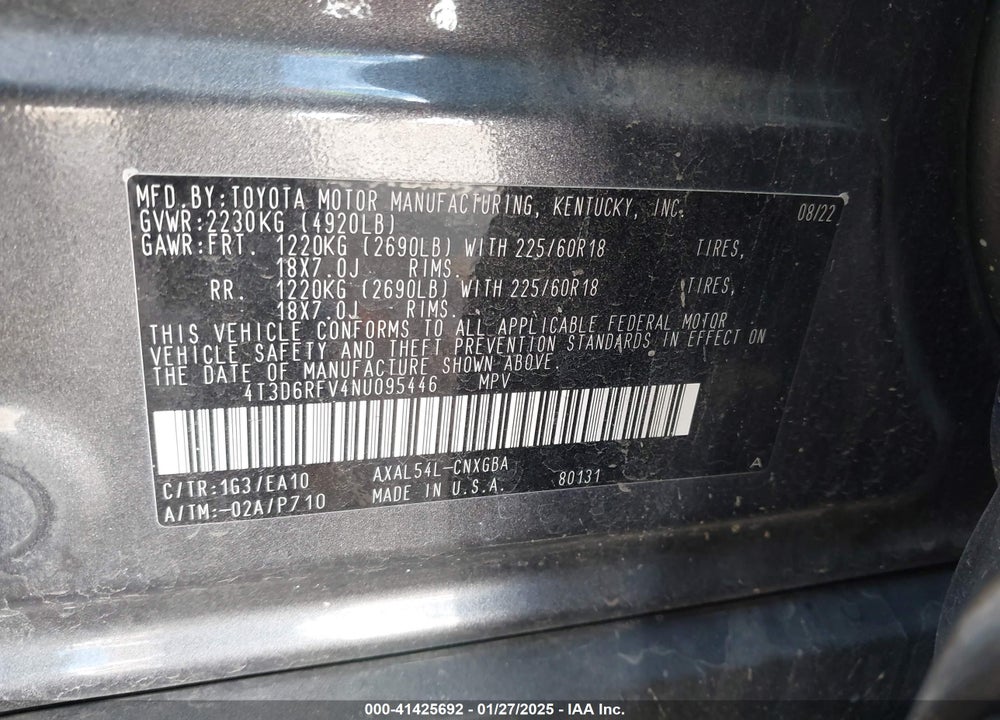 2022 TOYOTA RAV4 HYBRID LIMITED VIN: 4T3D6RFV4NU095446
