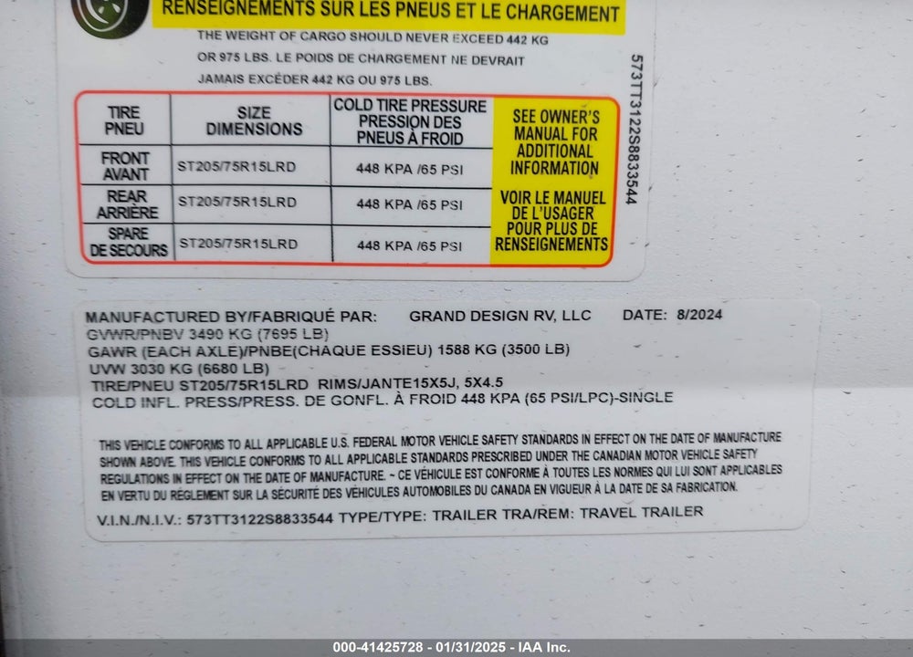 2025 GRAND DESIGN 245RLT VIN: 573TT3122S8833544