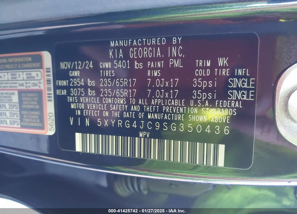 2025 KIA SORENTO LX VIN: 5XYRG4JC9SG350436