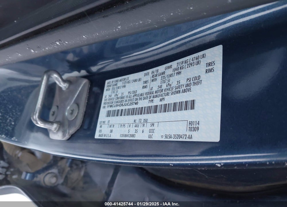 2018 FORD ESCAPE SEL VIN: 1FMCU9HD8JUC25740