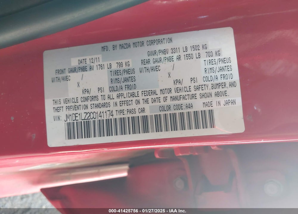 2012 MAZDA 2 TOURING VIN: JM1DE1LZ2C0141174