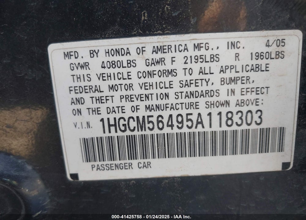 2005 HONDA ACCORD 2.4 LX VIN: 1HGCM56495A118303