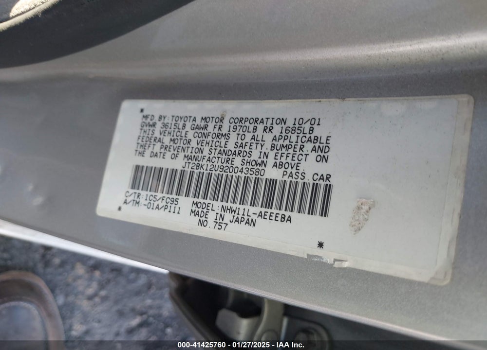 2002 TOYOTA PRIUS VIN: JT2BK12U920043580