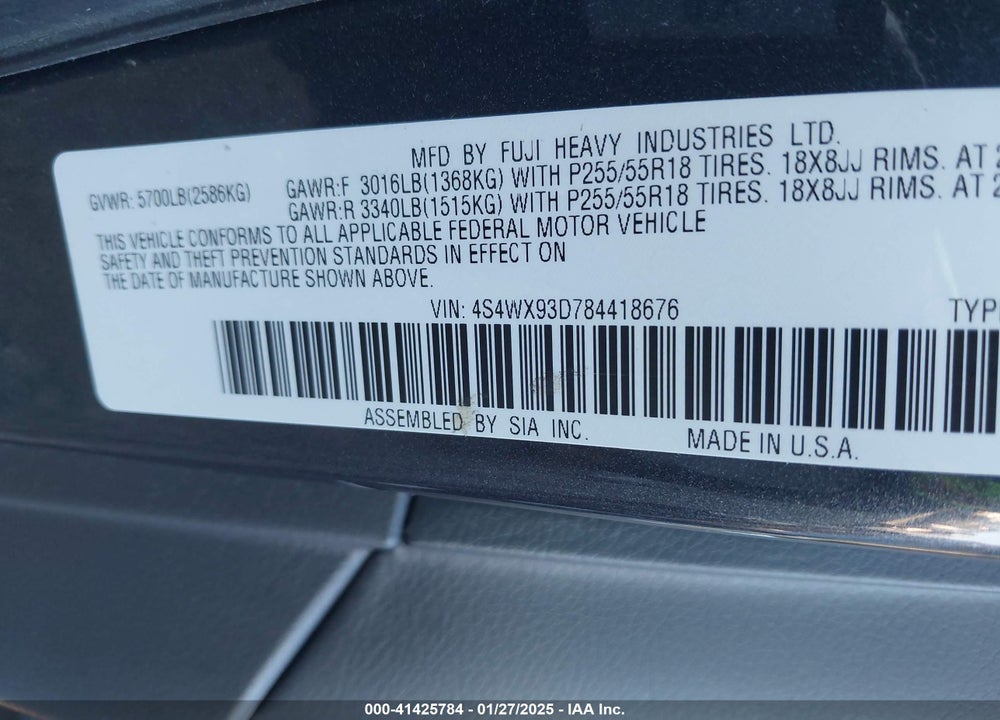 2008 SUBARU TRIBECA VIN: 4S4WX93D784418676